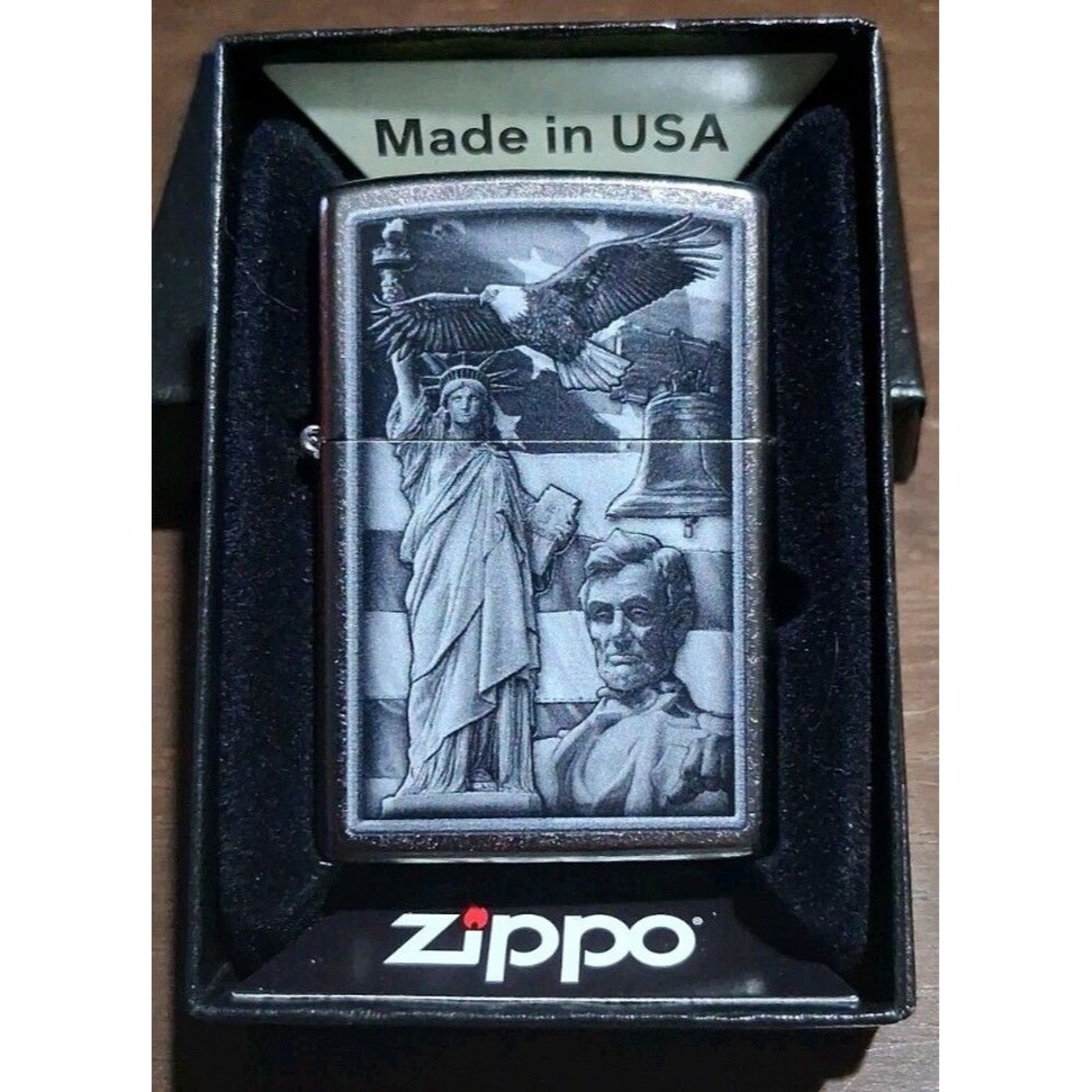 American Icon Zippo Lighter Design 49484 Lincoln, Statue Of Liberty, Bald Eagle